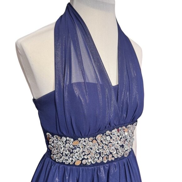JODI KRISTOPHER Blue Rhinestone Halter Dress Juniors Size 3 Prom Cocktail Party - Picture 8 of 11